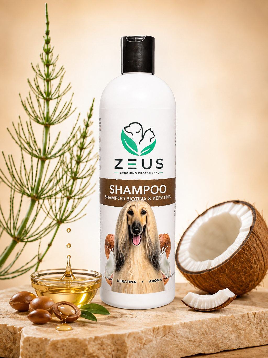 Shampoo Fortalecedor para Mascotas | Biotina y Argán | Pelo Fuerte y Brillante | Aroma a Coco 480 mL