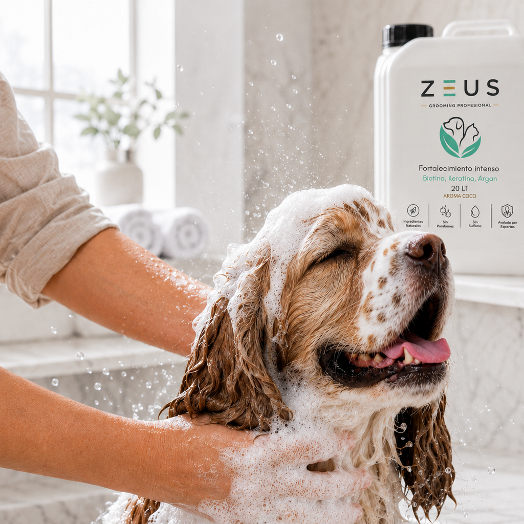 Shampoo Fortalecedor para Mascotas | Biotina y Argán | Pelo Fuerte y Brillante | Aroma a Coco 3.75 Lt