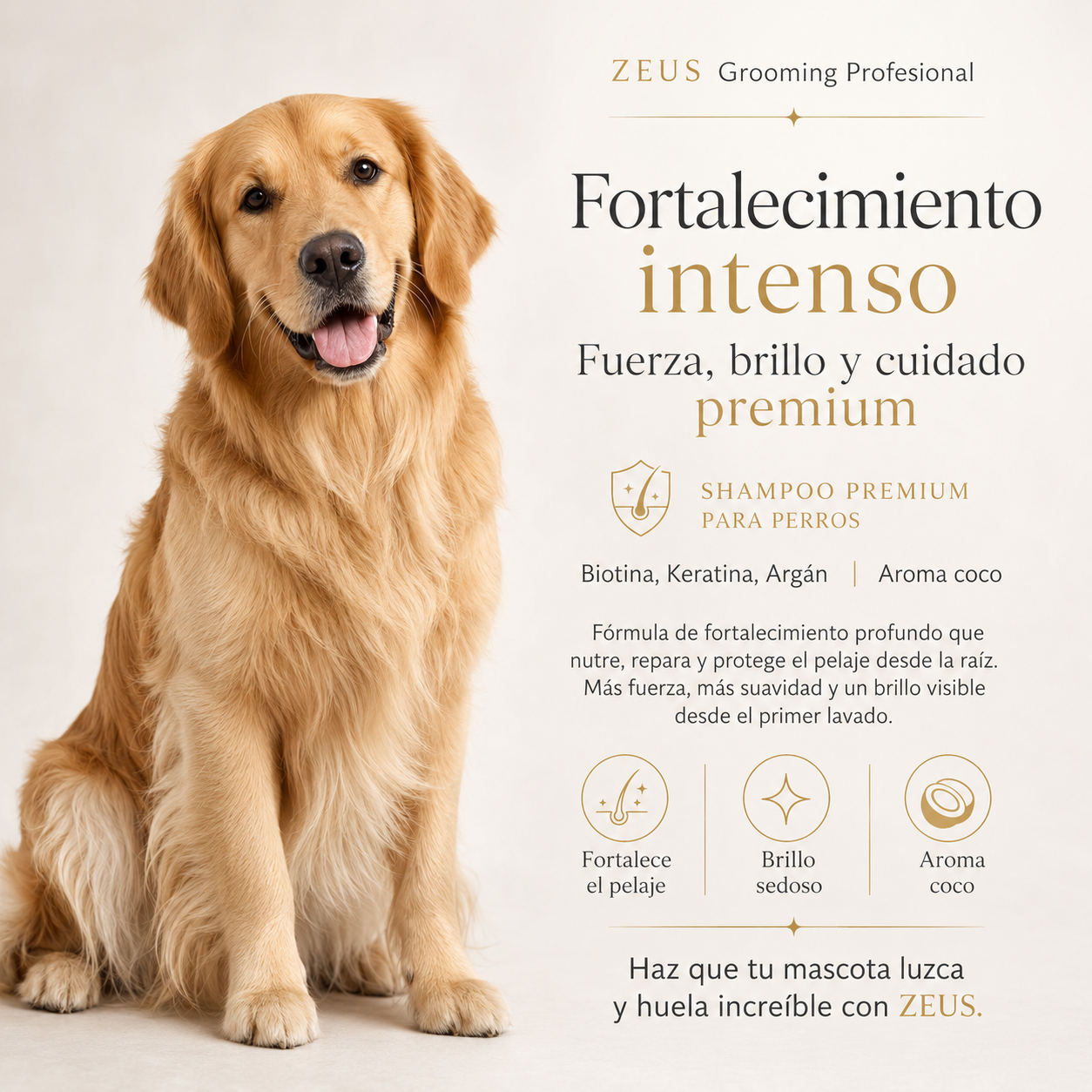 Shampoo Fortalecedor para Mascotas | Biotina y Argán | Pelo Fuerte y Brillante | Aroma a Coco 3.75 Lt
