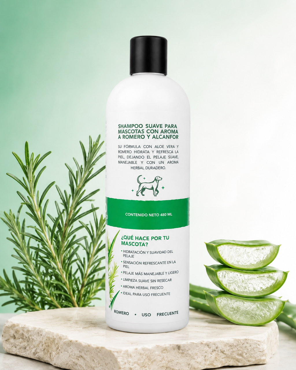 Shampoo para Mascotas con Aloe Vera y Romero | Limpieza Profunda y Pelo Sedoso | 480 mL