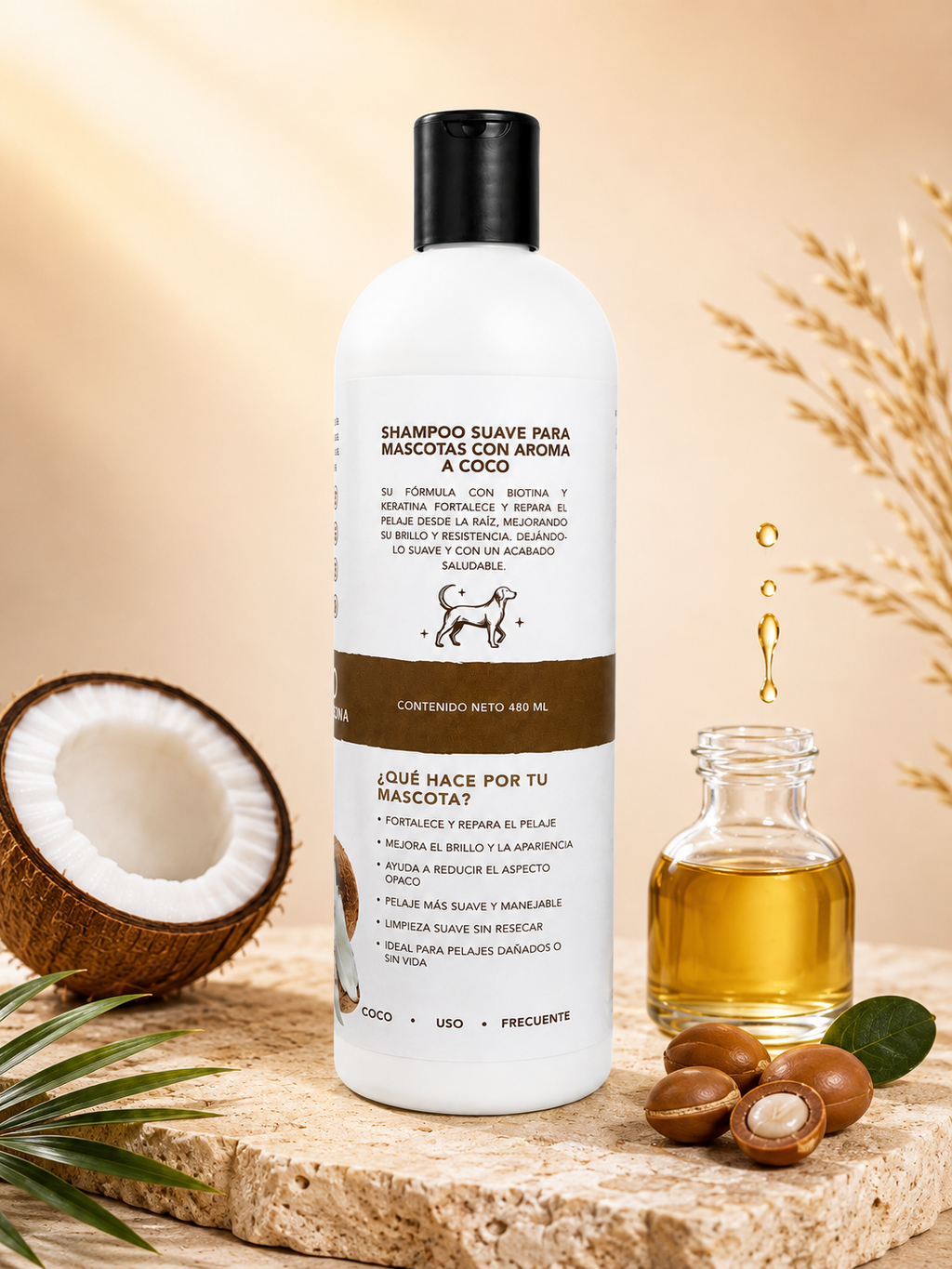 Shampoo Fortalecedor para Mascotas | Biotina y Argán | Pelo Fuerte y Brillante | Aroma a Coco 480 mL