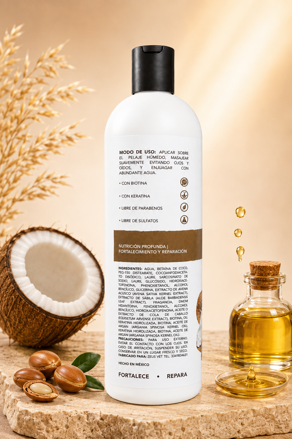 Shampoo Fortalecedor para Mascotas | Biotina y Argán | Pelo Fuerte y Brillante | Aroma a Coco 480 mL