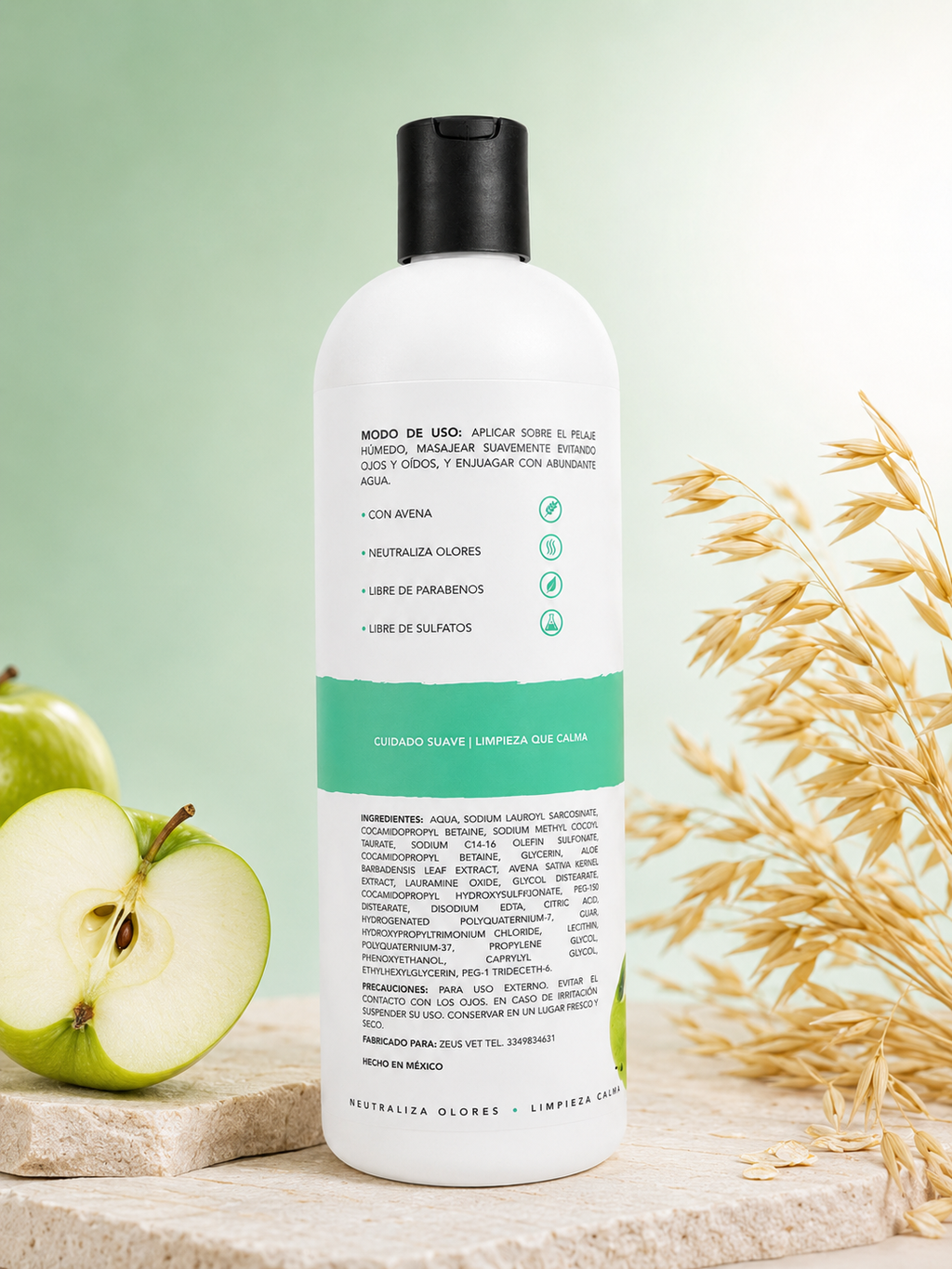 Shampoo Desodorante Calmante | Avena y Bicarbonato | Frescura a Manzana Verde para Mascotas 480 mL