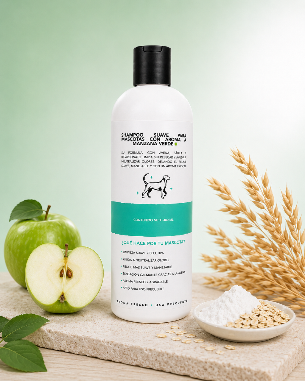 Shampoo Desodorante Calmante | Avena y Bicarbonato | Frescura a Manzana Verde para Mascotas 480 mL